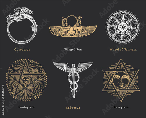 Drawn sketches of mystical symbols. Set of vector illustrations. Vintage pastiche of esoteric and occult signs.