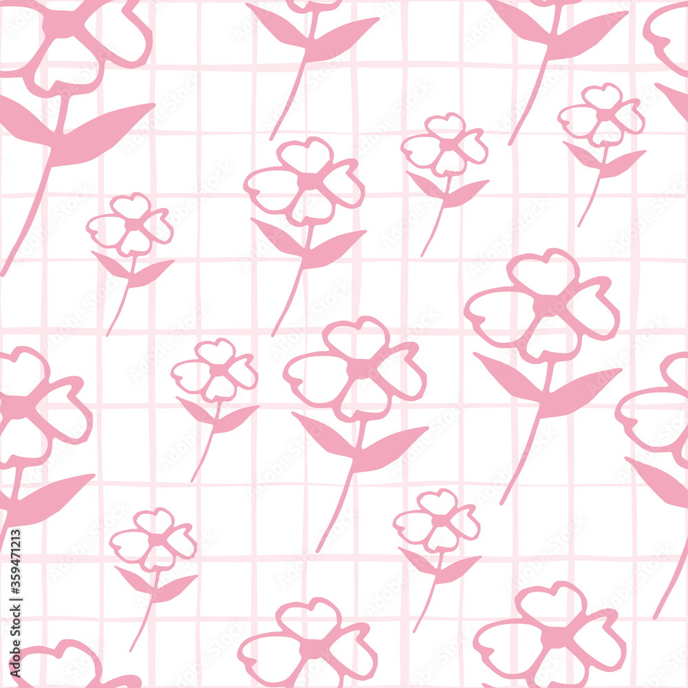 Pink flowers seamless pattern on lines background.