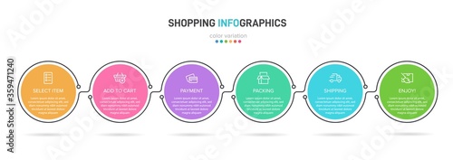 Concept of shopping process with 6 successive steps. Six colorful graphic elements. Timeline design for brochure, presentation, web site. Infographic design layout.