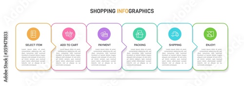 Concept of shopping process with 6 successive steps. Six colorful graphic elements. Timeline design for brochure, presentation, web site. Infographic design layout.