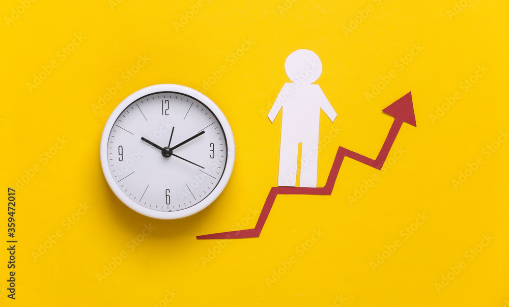 Paper man on growth arrow and clock. Yellow background. Symbol of financial and social success, stairway to progress. Career time.