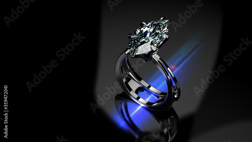 Ladies Luxury Engagement Platinum Ring with Solitaire Blue Fancy Marquiese. Isolated on Black background. 3D Rendering