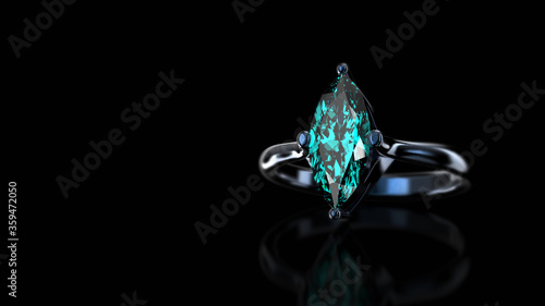 Engagement Ring with Solitaire Blue Marquiese. Isolated on Black background. 3D Rendering