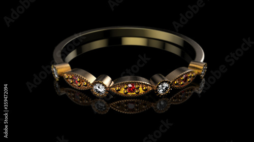 Art Nouveau Gold Delicate Diamond Bezel Elegant Ring. Vintage Antique Ring. Isolated on Black background. 3D Rendereing