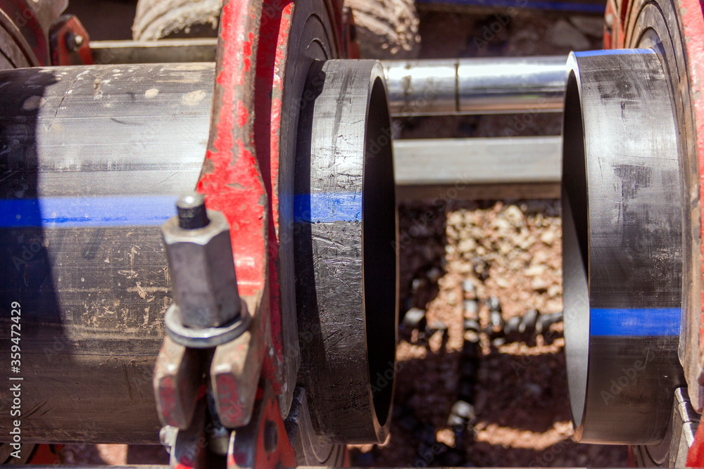 Welding process of polyethylene pipes. Before beginning any pipe