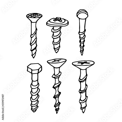 set of various construction screws, bolts for fixing and repairing, vector illustration with black ink contour lines isolated on a white background in doodle & hand drawn style
