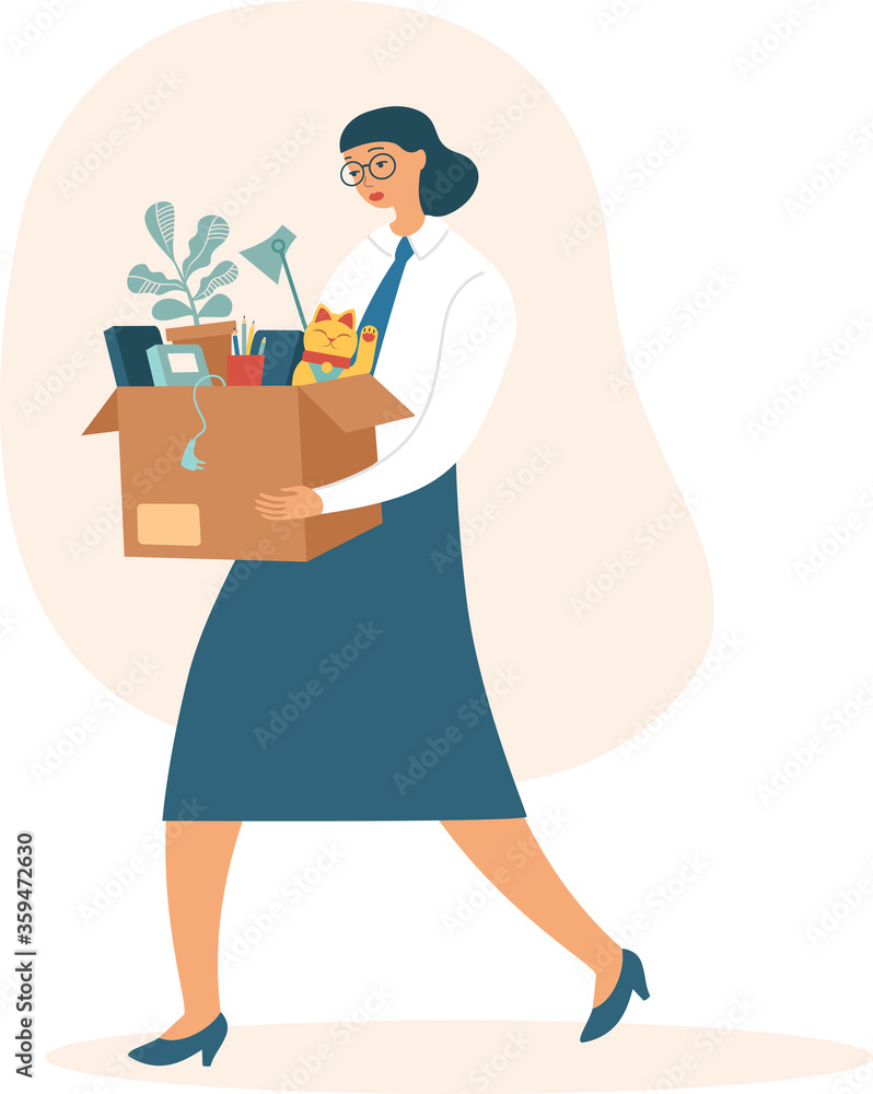 Fired sad woman carrying a box with her belongings. Crisis, dismissal, unemployment, jobless and employee job reduction concept