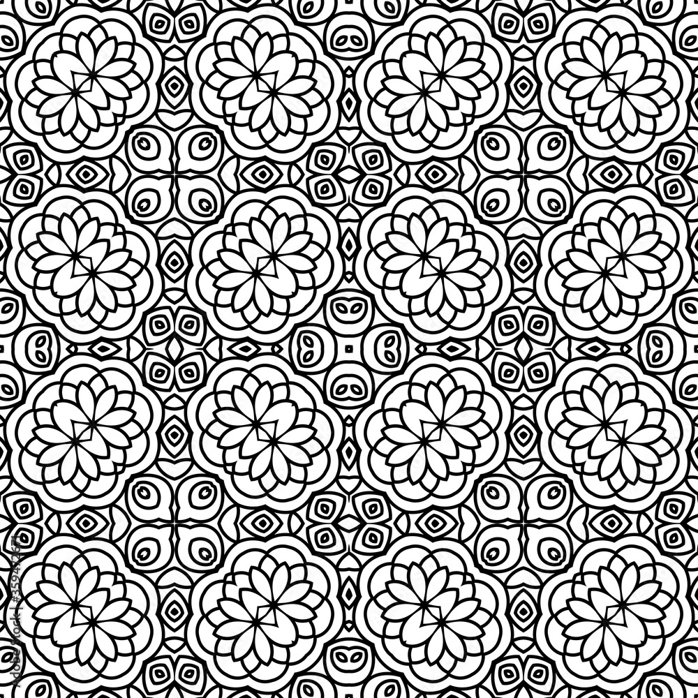 Fototapeta premium Fantasy seamless pattern with ornamental mandala. Abstract round doodle flower background. Floral geometric circle. Vector illustration. 