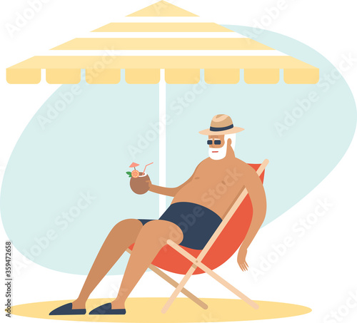 Old senior man enjoying a coconut cocktail under parasol. sleeping in a beach chair. Carefree retirement, travel, tropical vacation, summer tourism concept.