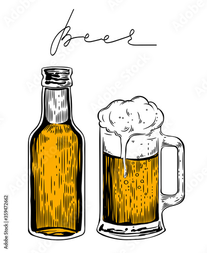 Beer bottle nad mug, hand drawn vector engraving style