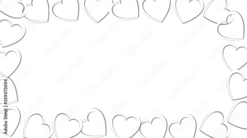 Beautiful abstract frame of white hearts with shadows for Valentine's Day on a white background. Vector illustration. Concept: love, a gift to the beloved Beautiful abstract frame of white hearts with shadows for Valentine's Day on a white background. Vector illustration. Concept: love, a gift to the beloved