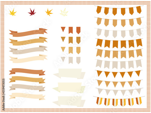 紅葉の葉っぱのアイコンと茶系の旗・リボン・ガーランドのセット
