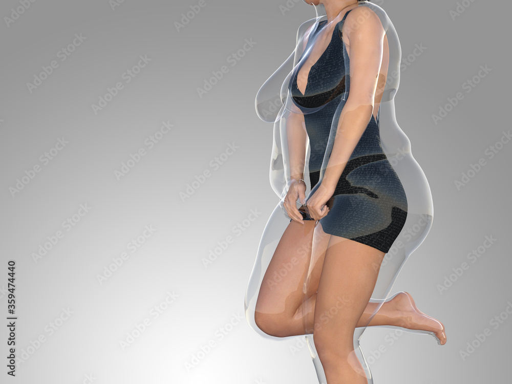 Conceptual fat overweight obese female vs slim fit healthy body after weight loss or diet with muscles thin young woman on gray. A fitness, nutrition or fatness obesity, health shape 3D illustration Conceptual fat overweight obese female vs slim fit healthy body after weight loss or diet with muscles thin young woman on gray. A fitness, nutrition or fatness obesity, health shape 3D illustration
