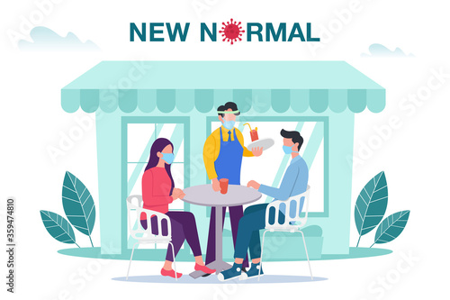 New normal concept illustration with male and female sitting at outdoor cafe or restaurant tables with face mask prevention from disease outbreak. New normal after Covid-19 pandemic concept