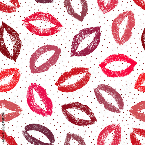 Lipstick kisses. Lips traces. Imprint real female lips isolated on white background. Joyful design. Romantic kiss. Nice seamless pattern. Fashion makeup. Endless lips prints. Repeating texture mouth 