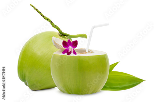 Fresh green coconut with ready to drinking isolated on white background, Refreshing concept, Thirsty, Fresh from garden