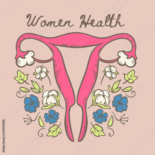 WOMENS HEALTH Organic Natural Hygiene Materials Medicine Education Human Hand Draw Vector Illustration Set