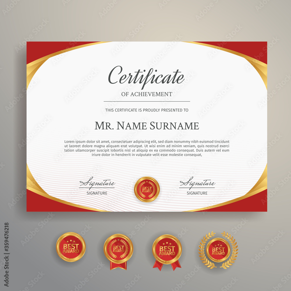 Premium diploma certificate of achievement template with gold and red badges Premium diploma certificate of achievement template with gold and red badges