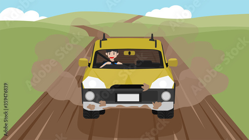 A man drove a car on a dirt road in a wide field to the point of dust dusting behind