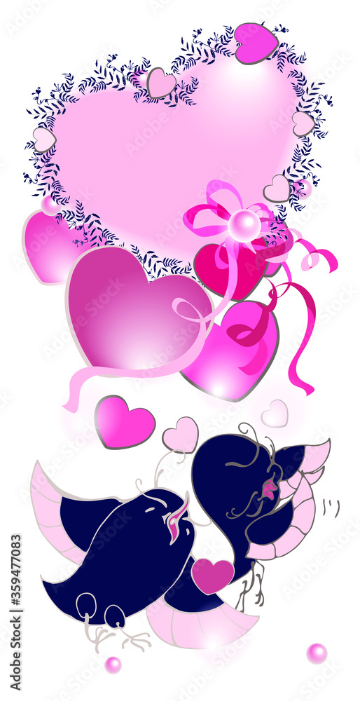 Vertical postcard with love birds and hearts. Vector manual graphics.With a place to record.Holidays, weddings, invitations Vertical postcard with love birds and hearts. Vector manual graphics.With a place to record.Holidays, weddings, invitations