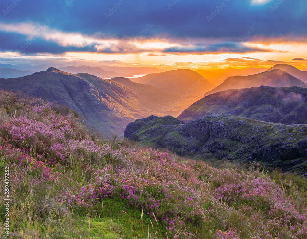 View of the valley and mountains at sunrise of Glencoe, highlands, Scotland, UK View of the valley and mountains at sunrise of Glencoe, highlands, Scotland, UK