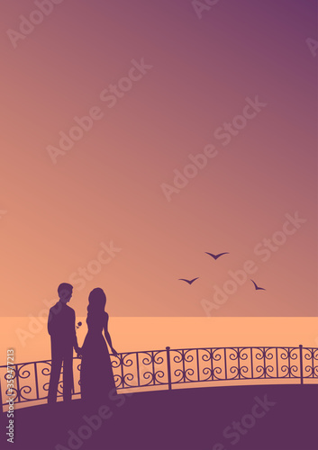Silhouette of a couple in love on the background of the evening sea. A man gives a girl a flower. Vertical poster with place for text. Vector illustration.
