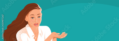 A beautiful girl is happy with what she is holding in her hands. A pleasant surprise or gift. Vector illustration template. Banner with free space for text.