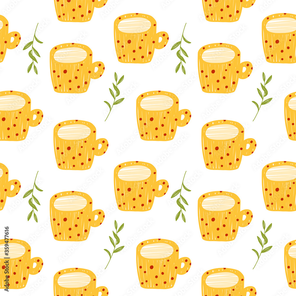 Seamless pattern with yellow cups of tea with milk and a green branch. Vector illustration isolated on a white background. Seamless pattern with yellow cups of tea with milk and a green branch. Vector illustration isolated on a white background.