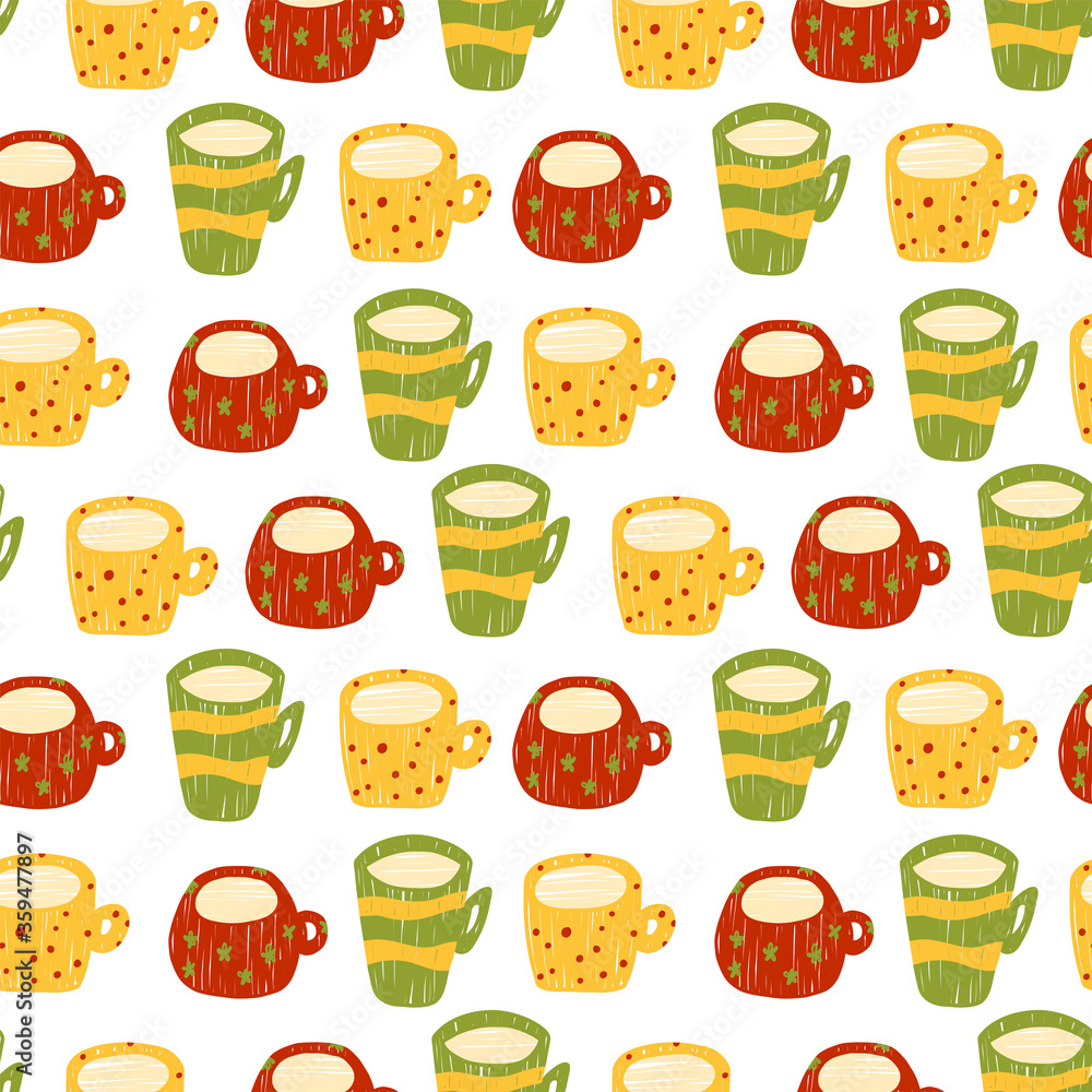 Seamless pattern with yellow, red, green tea cups with milk. Vector illustration isolated on a white background.