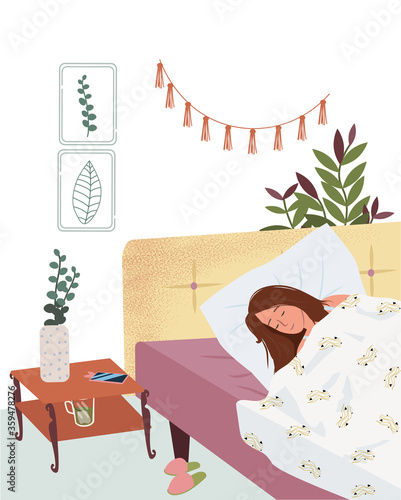 Cute woman sleeping on her side on comfortable bed. Female character falling asleep in bedroom. Young woman taking rest on cozy mattress. Healthy sleep. Flat cartoon colorful vector illustration.