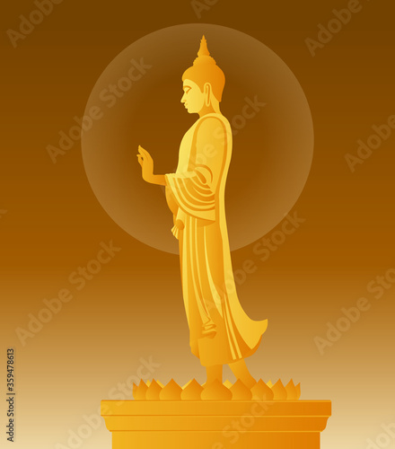 beautiful Vector of Lord of golden Buddha enlightenment mediating standing on lotus flower for Makha, Visakha, Asarnha Bucha, Visak and buddhist lent day. the religion festival in Thailand and Asia.