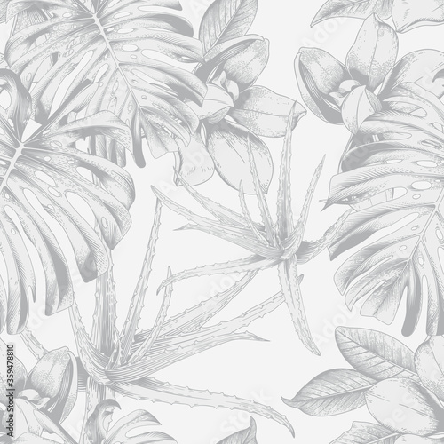 Seamless floral pattern with tropical flowers on light background. Template design for textiles, interior, clothes, wallpaper. Vector illustration.  Botanical art.  Engraving style

