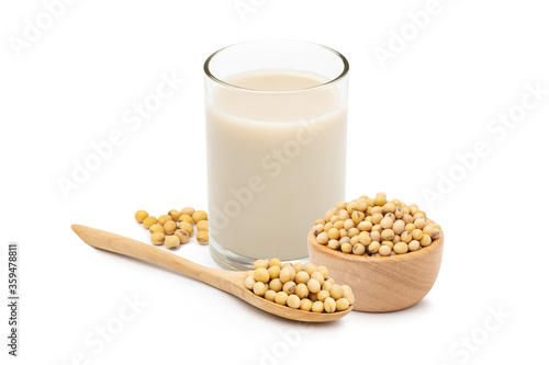 Soy milk With seeds green leaf isolated on white background.