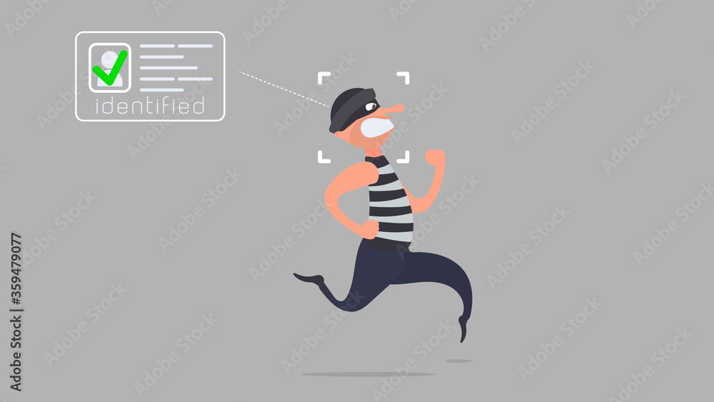 The criminal in a striped suit runs away. Identification of the robber. The concept of protection and escape. Vector.