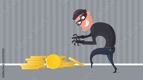 Robber and a mountain of gold coins. A criminal steals gold coins. Robbery and finance security concept. Flat style, Vector.