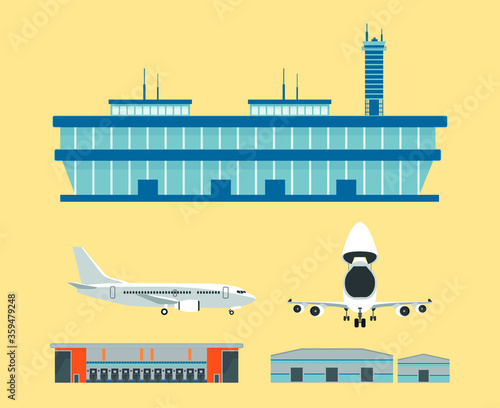 The Beautiful vector set of Air freight logistics transportation, airport terminal building, warehouse depot storage customs free zone and front open cockpit and rear view of plane. yellow background.