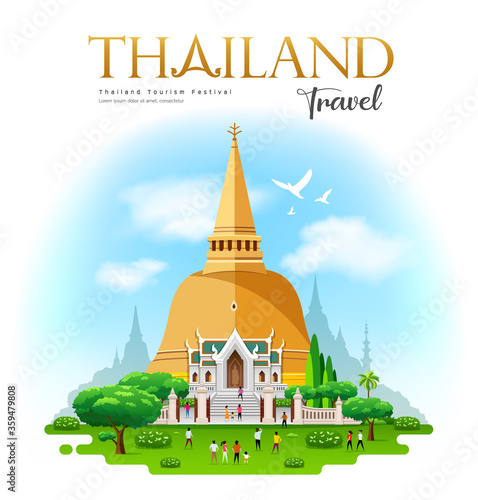 Phra Pathommachedi is a stupa in Nakhon Pathom, Thailand travel with people tourism design, on blue cloud and sky background, vector illustration