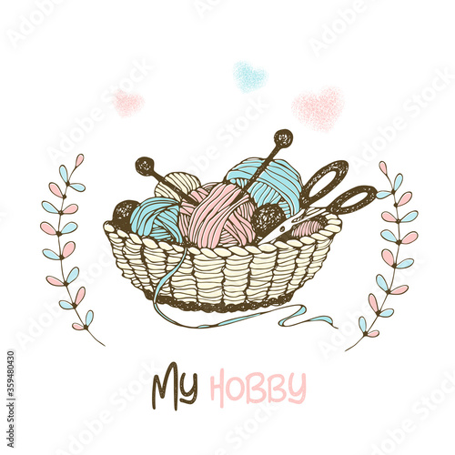 Basket with knitting, skeins of yarn, wool and needles. Vector.