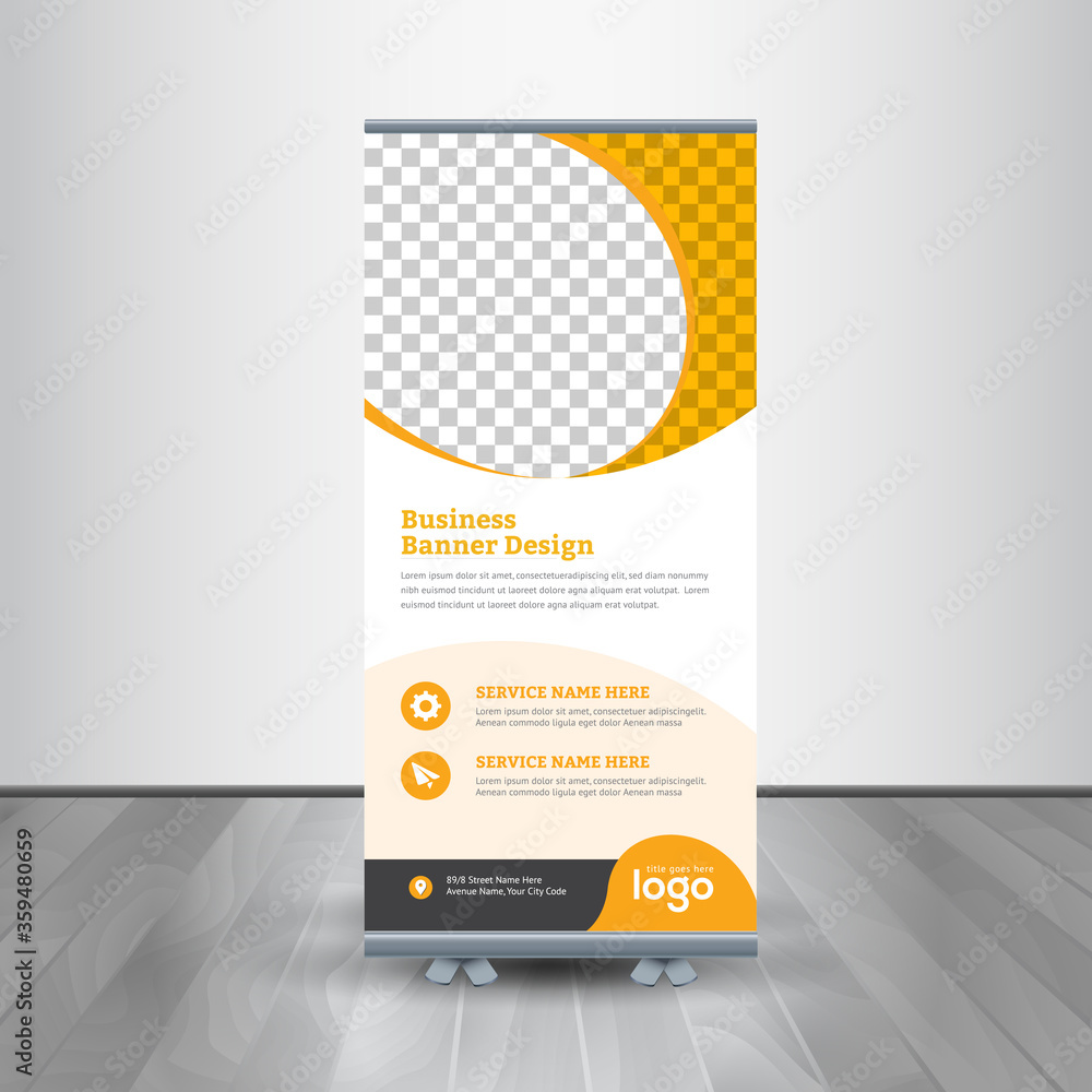 Fototapeta premium Roll-up for exhibitions, banner for seminar, layout for placement of photos. Universal stand for conference. 