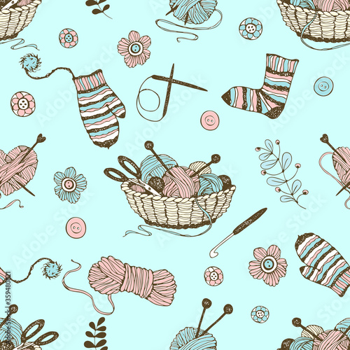 Seamless pattern on the theme of knitting with a basket and balls of yarn on a turquoise background. Vector