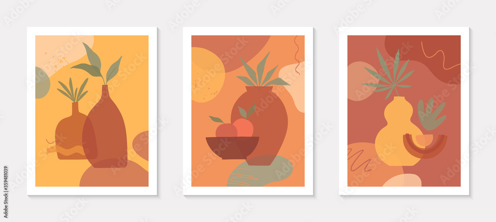Bundle of art modern vector illustrations with vases,leaves,organic shapes and peaches.Terracotta art prints.Trendy contemporary design perfect for  banners templates;social media,invitations;covers