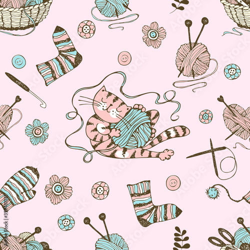 Seamless pattern on the theme of knitting with a basket and balls of yarn and a cute cat. Vector
