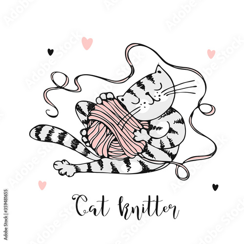 Cute kitten playing with a ball of yarn. Vector