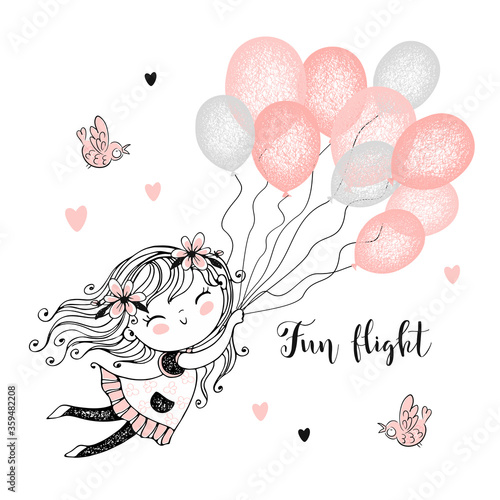 Cute girl flying balloons. Vector illustrations. Cards.