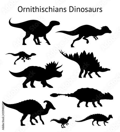Silhouettes of ornithischian dinosaurs. Set. Side view. Monochrome vector illustration of black silhouettes of dinosaurs isolated on white background. Ornithischia. Proportional dimensions.