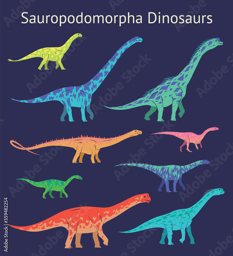 Set of sauropodomorpha dinosaurs. Colorful vector illustration of dinosaurs isolated on blue background. Side view. Sauropods. Proportional dimensions. Element for your desing, blog, journal.