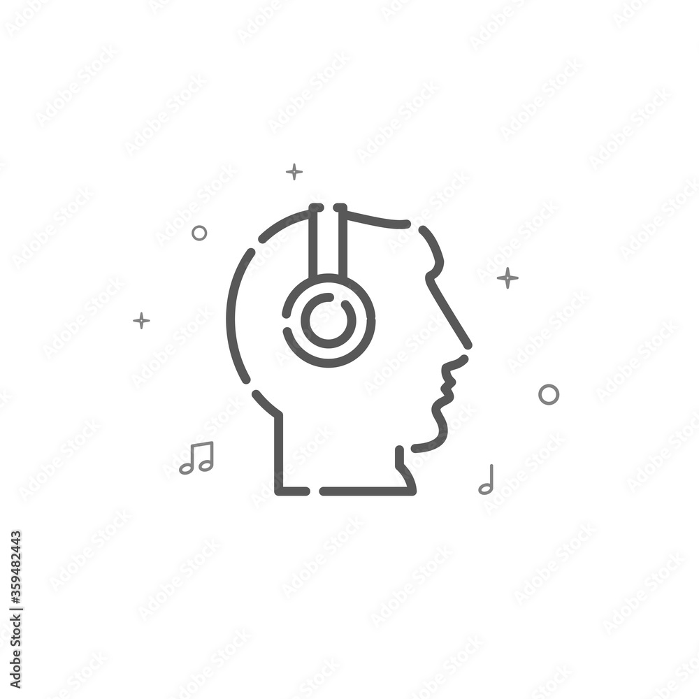 Head in headphones simple vector line icon. Listen to music symbol, pictogram, sign. Light background. Editable stroke. Adjust line weight.
