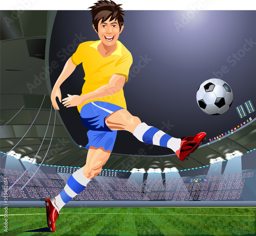 Soccer player kick the ball.