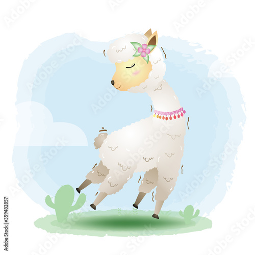 cute little alpaca with accessories in the children's style. cute cartoon little alpaca vector illustration