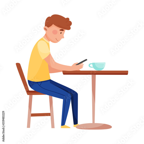 Young Man Sitting at Street Cafe Table with Smartphone and Drinking Coffee Vector Illustration